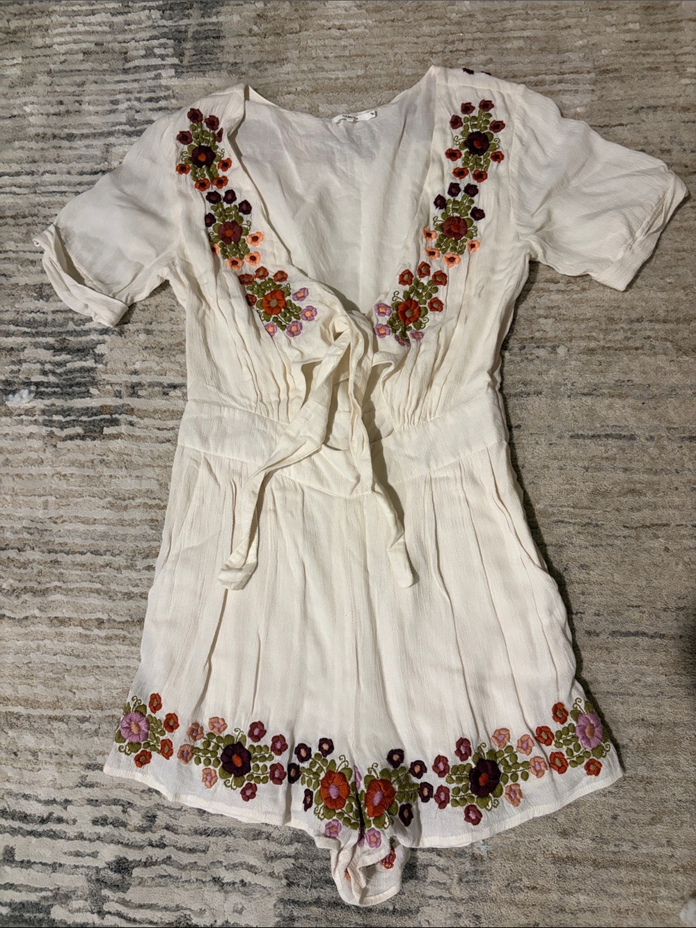 Tularosa Ivory Romper with Multicolor Floral Trim